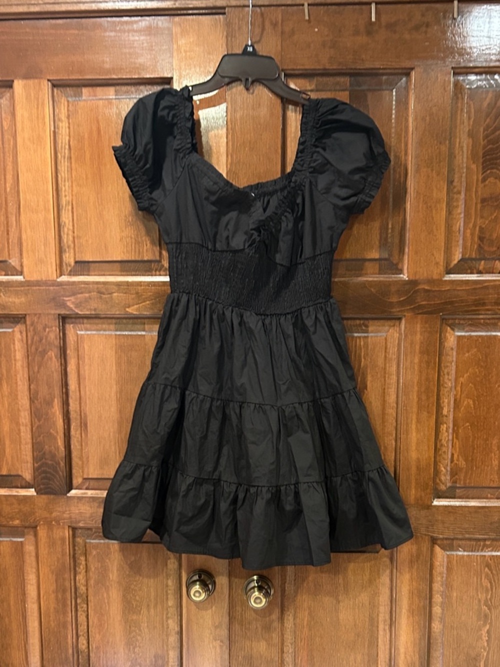 Princess Polly Black Mini Dress Size 10 Milkmaid Smocked Puff Sleeve Tiered - Picture 4 of 9
